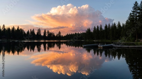 bright cloud with sunset glow reflected on tranquil water surface