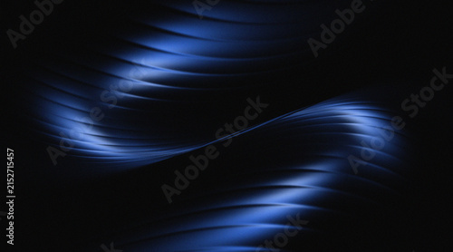 Abstract blue and black smooth gradient ribbed glass background waves.

