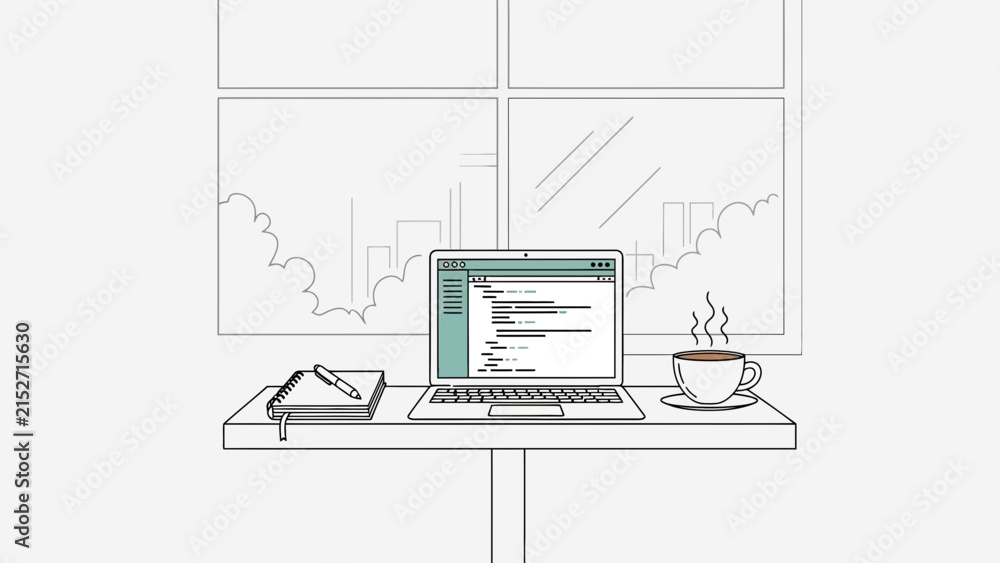 Obraz premium Cozy home office setup with laptop, notebook, and coffee by the window