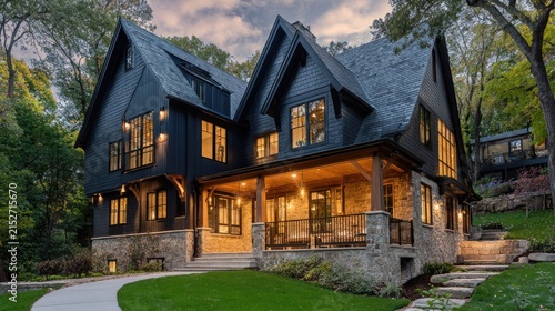 Elegant black house with lit windows amidst lush green forest setting