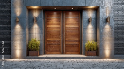 Elegant wooden double doors with warm lighting and flanking plants
