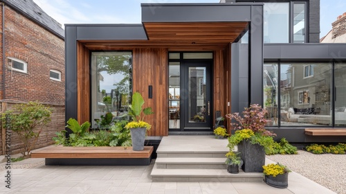 Modern home exterior with wooden accents and landscaping design