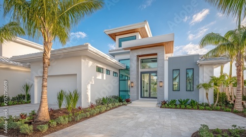 Modern luxury home exterior with tropical landscape and clear blue sky