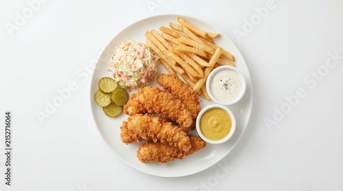 Top Down Flat Lay Crispy Golden Chicken Tenders Crunchy Breaded Ranch Honey Mustard Coleslaw Fries

