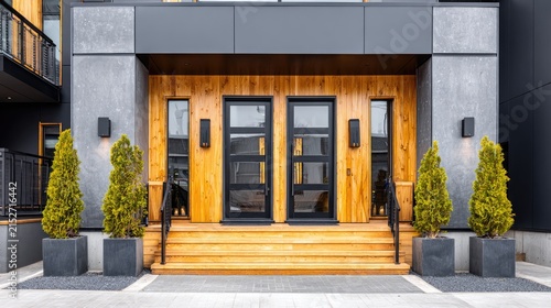 Modern building entrance featuring wooden door and exterior design elements