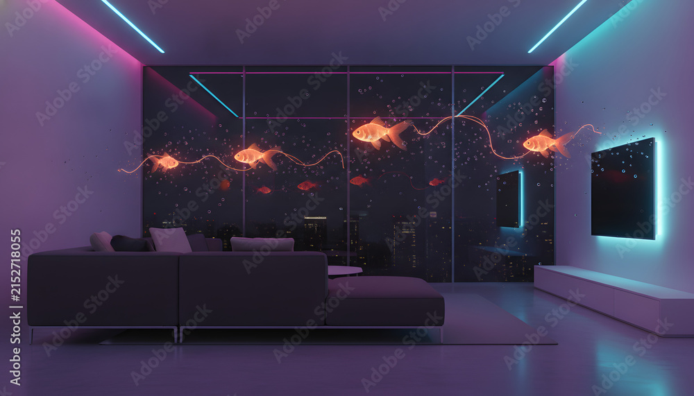 Obraz premium Glowing Goldfish Swimming in Futuristic Living Room