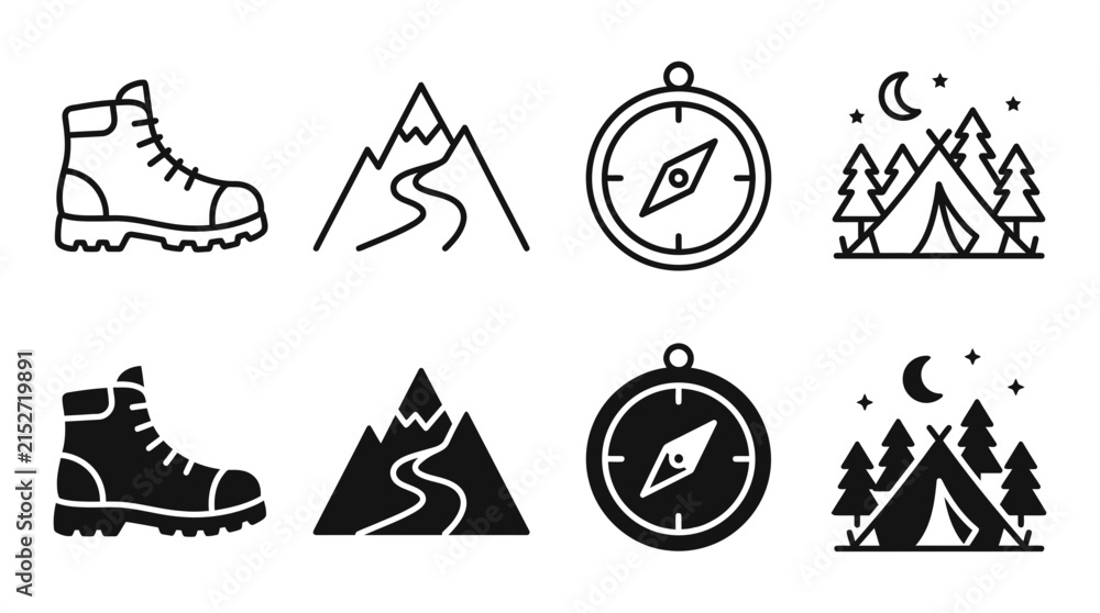 Fototapeta premium Outdoor camping and hiking icon set with boots mountains compass and forest tent mountain adventure outdoors
