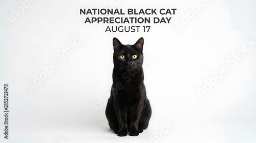 National Black Cat Appreciation Day, cute black cat sitting for adoption, feline on white background, typography graphic, funny pet concept, August 17th kitten