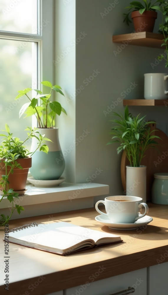 Fototapeta premium Stylish kitchen, herbs, tea, notebook, mockup frame, neutral, work, light