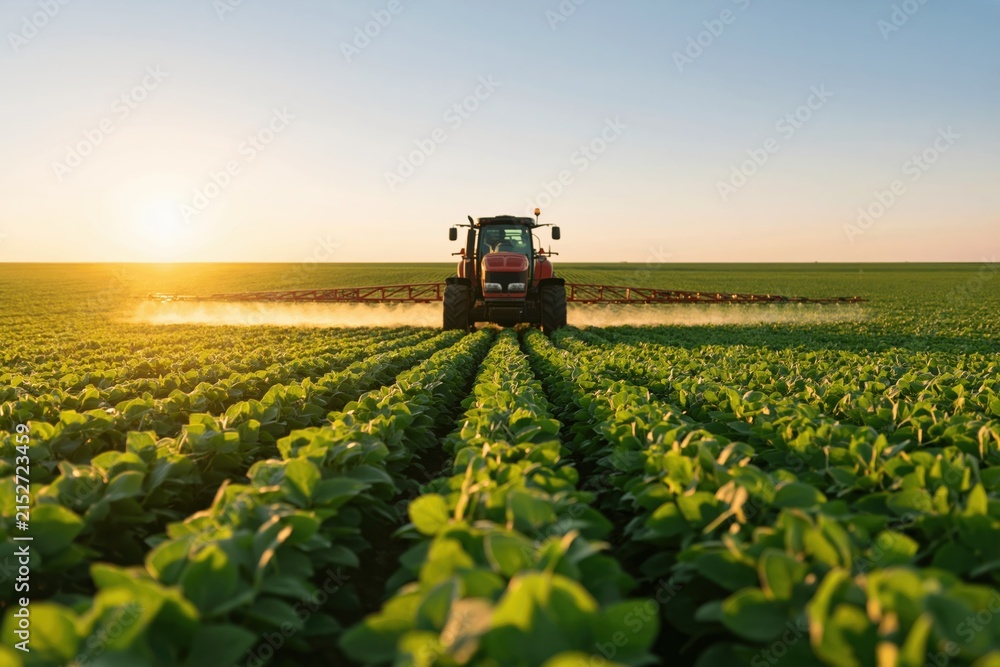 Naklejka premium Tractor spraying fertilizer on a vast soybean field during a golden sunset farm