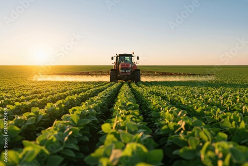 Tractor spraying fertilizer on a vast soybean field during a golden sunset farm