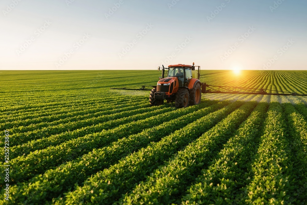 Obraz premium Agriculture tractor working in a vast rural field of green crops during sunset