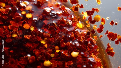 65.Macro shot of surface of homemade chili oil, dense chili flakes suspended in rich oily base, fiery red hues, light reflections creating depth, simple neutral backdrop, focused on flavor and