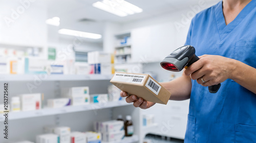 Pharmacist scanning barcode on medication box in pharmacy