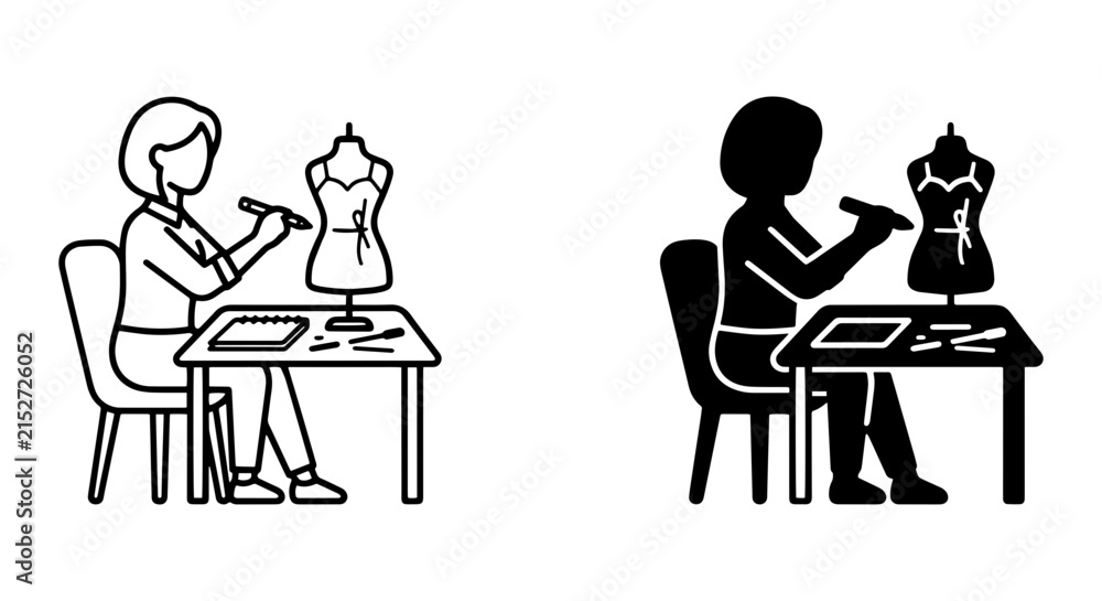 Fototapeta premium Fashion Designer at Work, Sketching Dress on Mannequin. Vector Icons for Style Creation