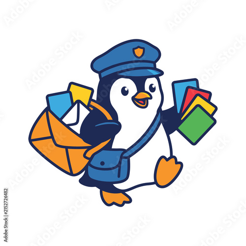 Bild auf Leinwand Happy cartoon penguin postman delivering mail, wearing a uniform, carrying a satchel and colorful letters