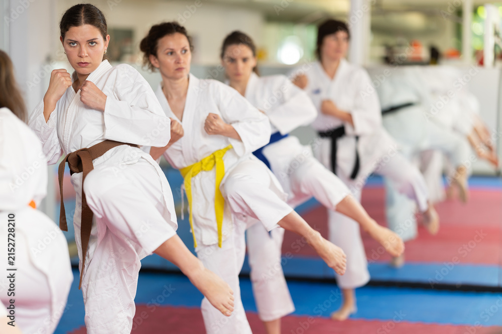 Fototapeta premium Group of women in kimonos train karate techniques in studio