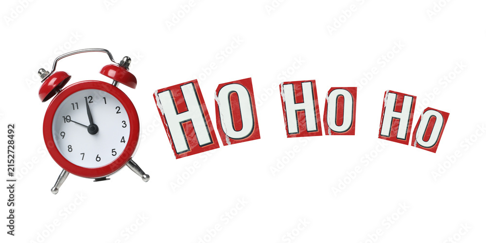 Obraz premium Happy New Year 2027. Clock strikes midnight while colorful letters spell ho ho ho, PNG