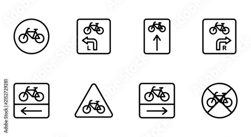 Bicycle Traffic Signs Collection, Cycling Route Indicators, Road Safety Symbols, Vector Icons