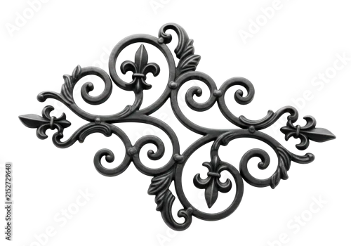 Fototapeta na wymiar black metal wrought iron scrollwork ornate decorative element with fleur de lis motif.