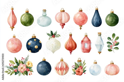 Watercolor Christmas baubles set with flowers and greenery