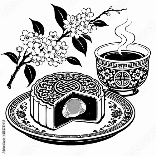 Traditional Mooncake with Egg Yolk and Chinese Tea, Black and White Vector Illustration