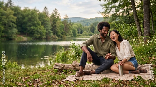 Romantic Picnic by the Lake: A diverse couple shares an intimate moment during a peaceful picnic beside a tranquil lake, surrounded by the lush greenery of a summer forest.