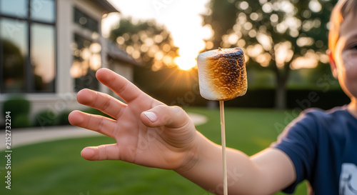 Child's hand holding a perfectly roasted marshmallow on a stick during sunset.