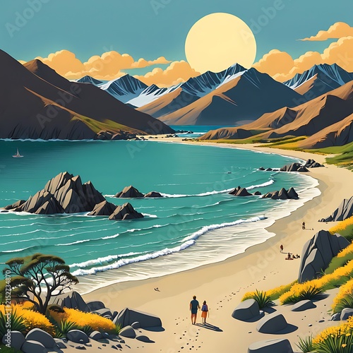 Couple Walking on Beach at Sunset.