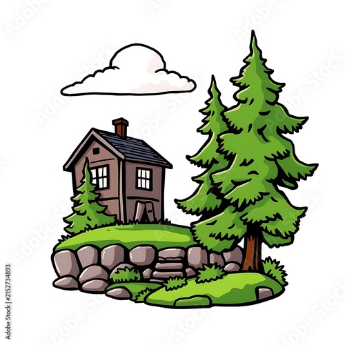 Cozy Cartoon House with Trees and Rocks.