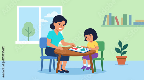 Teacher helping young girl read a book in a classroom
