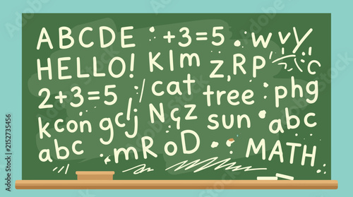Chalkboard with hand drawn school lessons and math equations