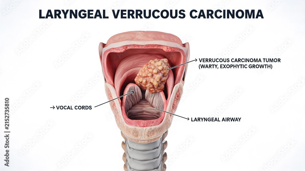 Fototapeta premium Laryngeal verrucous carcinoma 3D medical illustration, warty exophytic tumor growth inside larynx, vocal cords and airway anatomy labeled diagram