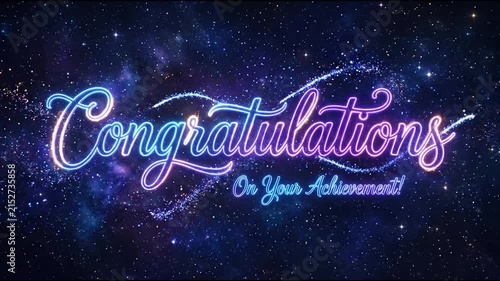 Purple neon Congratulations on cosmic star background.