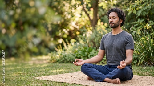Serene Outdoor Meditation: A man with a beard practices yoga and meditation outdoors, sitting cross-legged on a mat in a garden, eyes closed, in a pose of deep peace and tranquility.