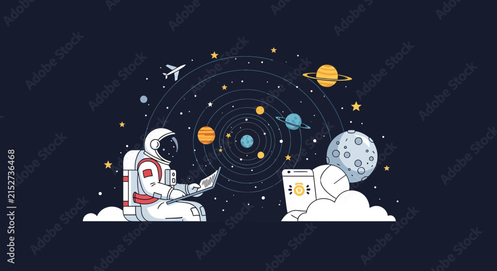 Naklejka premium Astronauts Exploring Space and Solar System Illustration
