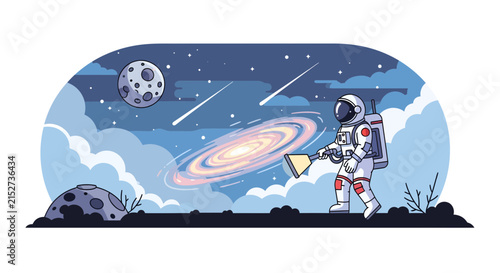 Astronaut Exploring Cosmic Galaxy with Space Tools