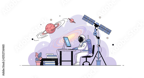 Astronaut Studying Space and Planets with Telescope