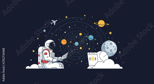 Astronauts Exploring Space and Solar System Illustration