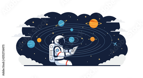 Astronaut Exploring Solar System with Planets and Book
