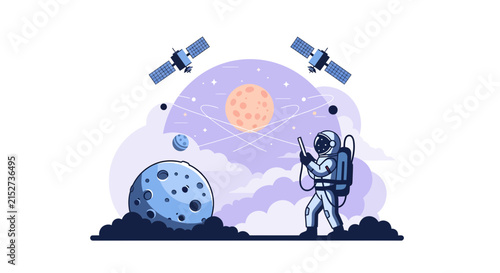 Astronaut Exploring Moon with Space Satellites and Celestial Bodies