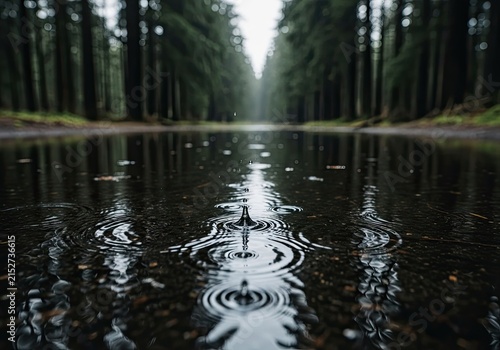 Raindrops creating ripples on a puddle in a dark forest.
