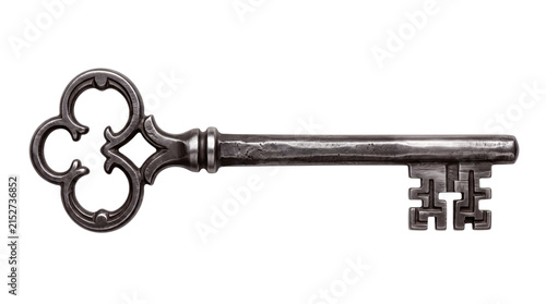 Foto Ornate antique silver skeleton key with intricate bow and isolated on png transp
