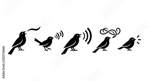Foto Black Bird Song Icons, Communication Symbols, Sound Waves, Nature Elements, Vect
