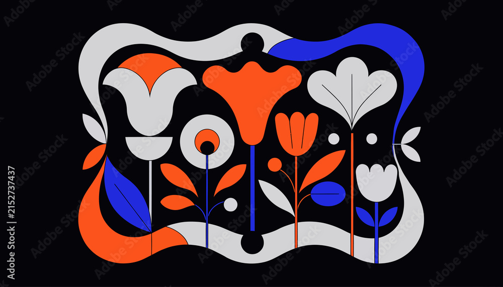 Obraz premium Abstract Floral Pattern in Orange, Blue, and Gray on Black Background