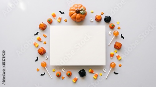 Halloween candy frame surrounds blank white card with pumpkin and sweets on grey background for festive autumn celebration greeting or party invitation template design