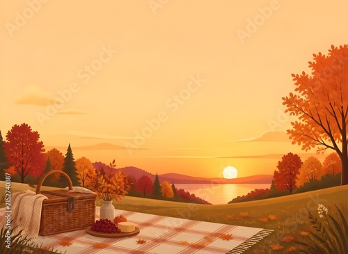 Elegant Autumn Picnic at Golden Sunset with Blanket and Basket, Flat Vector Landscape