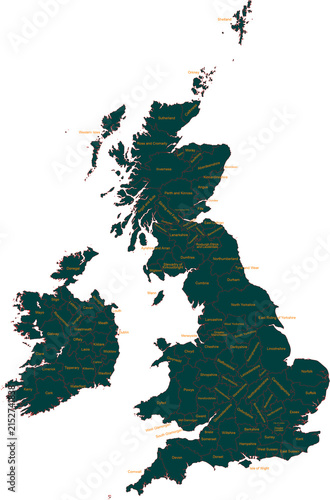 Detailed map of the british isles with county boundaries and labels isolated on transparent background