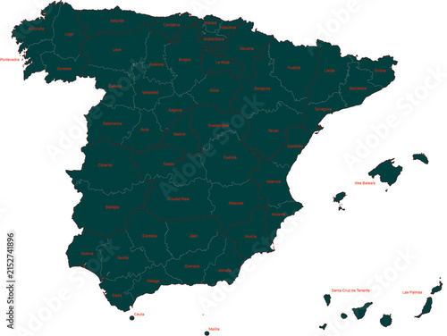 Map of spain with provinces and cities isolated on transparent background