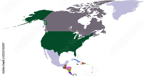 Map of north america with different countries colored isolated on transparent background